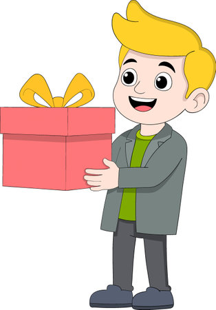 Vector illustration of a joyful boy holding a wrapped surprise gift during a birthday celebrationのイラスト素材