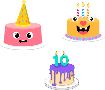 Fun and colorful cartoon doodle illustration of birthday cakes with happy faces, party hats, and...