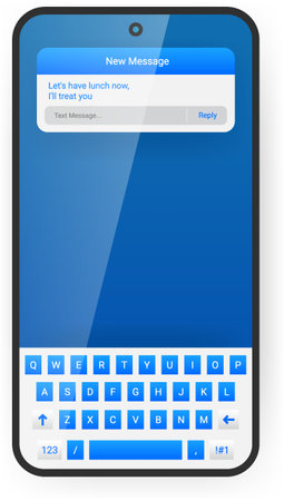 Modern smartphone messaging app user interface featuring a blue themed notification layout, on screen QWERTY keyboard, and reply message field.のイラスト素材