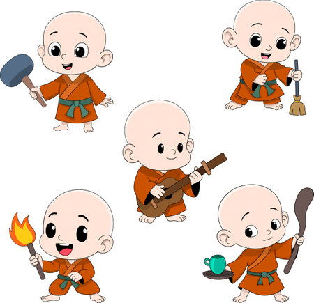 Cute cartoon set of young monk characters in orange robes performing various fun activitiesのイラスト素材