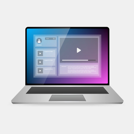 Realistic vector illustration of a laptop displaying a video player interface on the screenのイラスト素材
