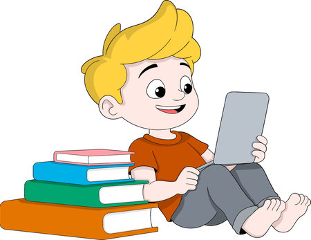 Vector cartoon of a cheerful boy sitting on the floor using a tablet, with a stack of books beside him.のイラスト素材