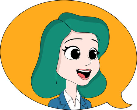 Vector illustration of a cheerful cartoon businesswoman with green hair, wearing a blazer and speaking inside a large orange speech bubbleのイラスト素材