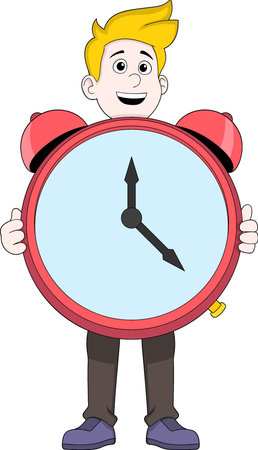 Vector illustration of a cheerful cartoon character with blond hair holding a large red alarm clockのイラスト素材