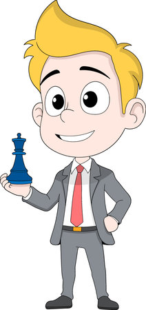 Vector illustration of a cartoon businessman in a gray suit holding a blue chess king piece.のイラスト素材