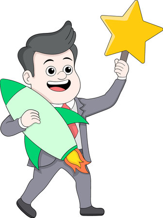 Cartoon illustration of a happy businessman in a suit holding a rocket and a yellow starのイラスト素材