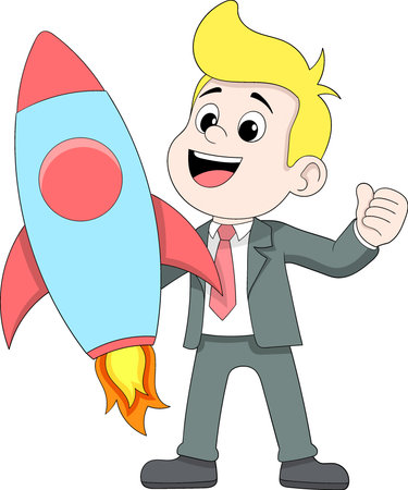 Vector cartoon illustration of a smiling young businessman in a suit holding a launching rocketのイラスト素材