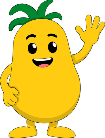Adorable cartoon vegetable character with a yellow body and green leafy top waving hand and smilingのイラスト素材