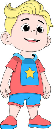 Cartoon vector of a cheerful boy wearing a red and blue outfit featuring a large yellow star, standing and smiling confidentlyのイラスト素材