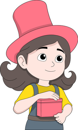 Cute cartoon girl with brown hair wearing a tall pink hat, yellow shirt, and overalls, holding a pink surprise gift box, perfect for celebrationのイラスト素材