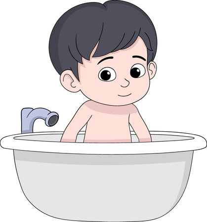 Cute cartoon illustration of a young boy sitting in a bathtub, ready for a bathのイラスト素材