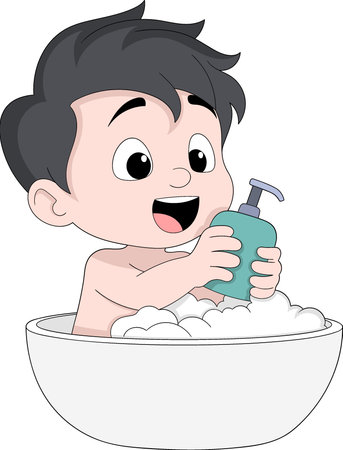 Cute cartoon illustration of a happy little boy taking a bath in a white tub filled with bubbles, holding a bottle of liquid soapのイラスト素材