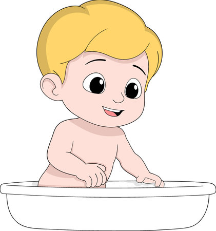 Cute cartoon illustration of a happy blonde-haired boy sitting in a bathtub, smiling while getting ready for a bathのイラスト素材
