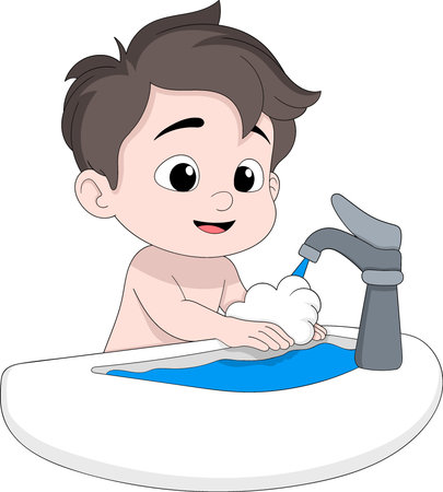 Cute cartoon illustration of a young boy washing his hands with soap and water at a sinkのイラスト素材