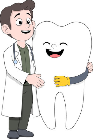 Cartoon illustration of a smiling dentist standing beside a big happy tooth character. Concept of dental care, healthy teeth, oral hygiene, and dentist patient relationshipのイラスト素材