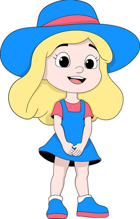 Happy blonde cartoon girl character wearing a blue hat and dress, standing and smilingのイラスト素材