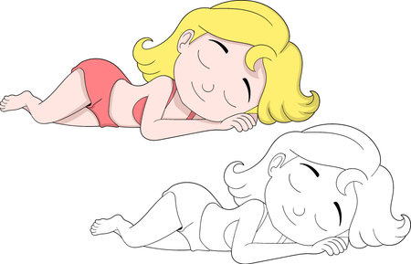 Adorable cartoon girl character sleeping peacefully, available in colored and outline versionのイラスト素材