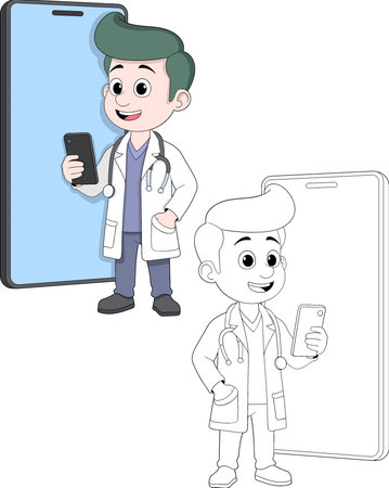 Cartoon vector illustration showing a male doctor holding a smartphone with a large phone screen backgroundのイラスト素材