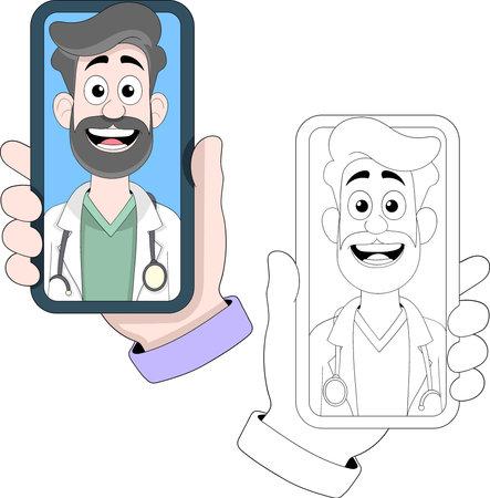 A vibrant cartoon vector illustration of a hand holding a smartphone that shows a friendly doctor conducting an online health consultationのイラスト素材