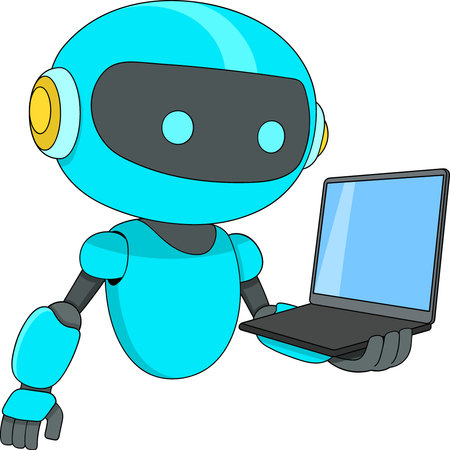 Futuristic vector illustration of an artificial intelligence robot holding a modern laptop with an advanced AI chipのイラスト素材