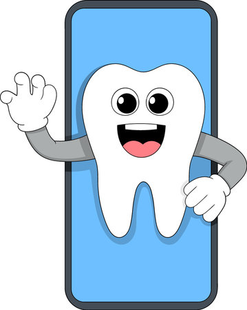 Cute tooth cartoon character waving from inside a smartphone screen, symbolizing online dental care or virtual dentistry serviceのイラスト素材