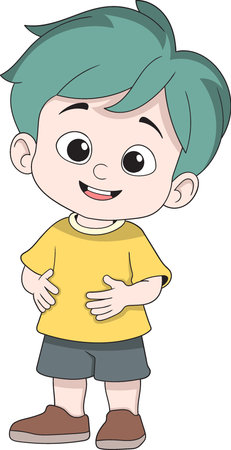 Cartoon vector illustration of a cheerful young boy with green hair, wearing a yellow shirt and shortのイラスト素材