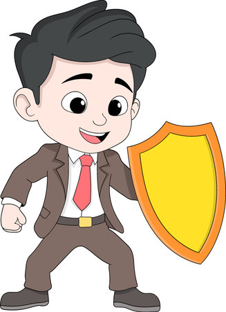 Cartoon vector illustration of a businessman holding a shield, representing business protection, defense, risk management, and securityのイラスト素材