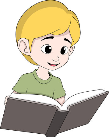 Vector cartoon illustration of a boy sitting and reading an open book while studying for an examのイラスト素材