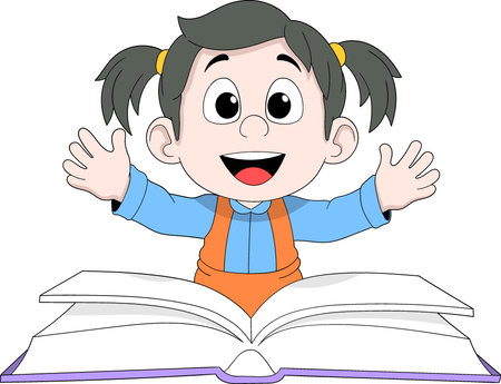 Vector cartoon illustration of a young girl standing on a large open book while making a friendly gesture inviting others to readのイラスト素材