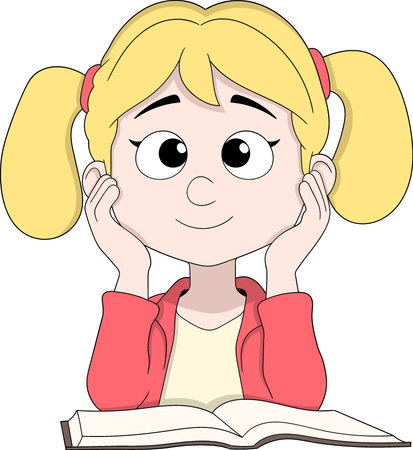 Vector cartoon illustration of a cheerful girl reading a book while preparing for a school examのイラスト素材