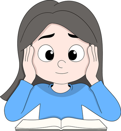 Vector cartoon illustration of a young woman feeling dizzy or overwhelmed while reading a book for exam preparationのイラスト素材