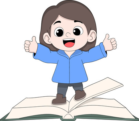 Vector cartoon illustration of a young girl standing confidently on a large open book, designed as an educational mascotのイラスト素材