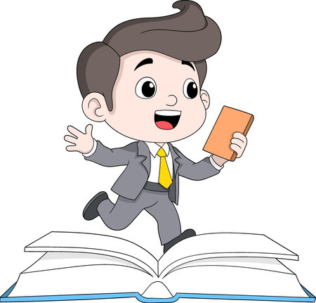 Vector cartoon illustration of a cheerful businessman standing on a large open book while holding another book in his handのイラスト素材