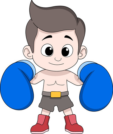 A humorous vector cartoon illustration of a small young boy boxer wearing oversized boxing glovesのイラスト素材