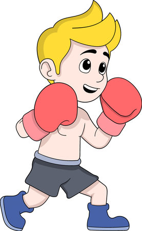 Vector cartoon illustration of a young boy practicing boxing in an attacking stanceのイラスト素材