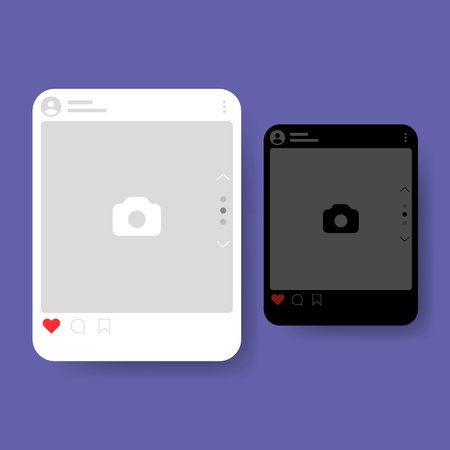 A vector illustration of a social media app interface displaying both light mode and dark mode feed layoutsのイラスト素材