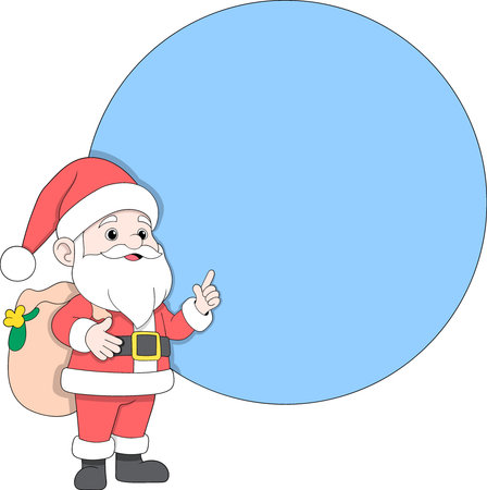 A cute cartoon style Santa Claus standing and pointing toward a large blue circle background, perfect for adding custom textのイラスト素材