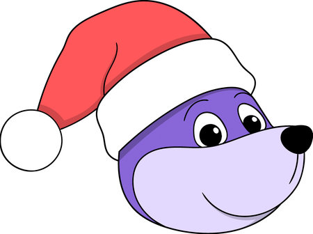 A cute purple cartoon animal head wearing a Santa hat with a cheerful smileのイラスト素材
