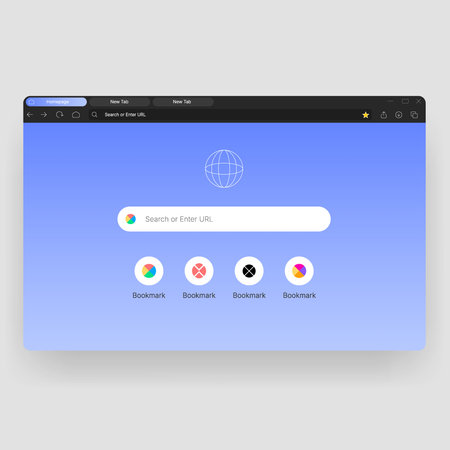 Clean desktop web browser interface template featuring navigation tabs, address bar search field,...