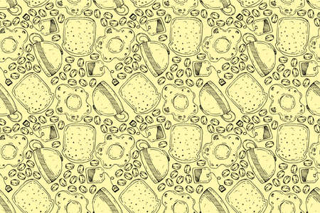 vector illustration coffee bread egg tea cup food breakfast repeat seamless pattern doodle cartoon style. Great for fabric packaging wallpaperのイラスト素材