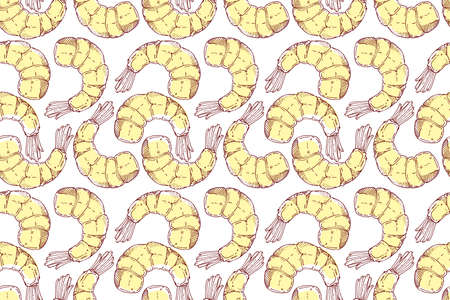 vector illustration red yellow peeled shrimp fresh sea food repeat seamless pattern doodle cartoon style. Great for fabric packaging wallpaperのイラスト素材