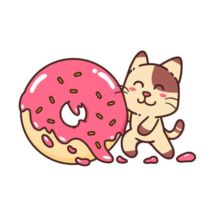 Vector Illustration Cute Adorable Happy Brown Cat Eat Doughnut With Pink Cream Flat Design Isolatedのイラスト素材