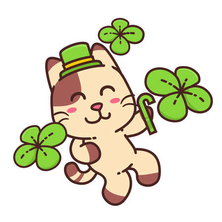 Cute Adorable Happy Brown Cat Leprechaun Costume Flat Design Sticker Isolated vector illustrationのイラスト素材