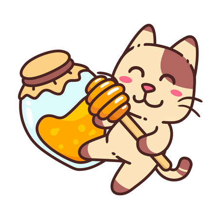 Cute Adorable Happy Brown Cat Eat Honey Flat Design Sticker Isolated vector illustrationのイラスト素材