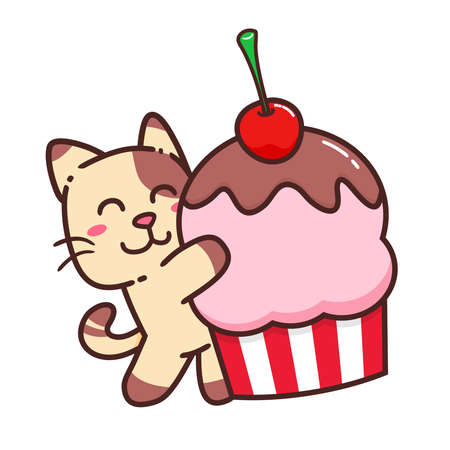 Cute Adorable Happy Brown Cat Eat Cupcake With Pink Cream Flat Design Isolatedのイラスト素材