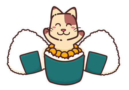 Cute Adorable Happy Brown Cat Eat Japanese Cuisine Street Food Sushi and Onigiri Flat Design Isolated on a White Backgroundのイラスト素材