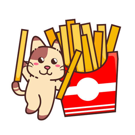 Cute Adorable Happy Brown Cat Eat Potato French Fries Stick Fast Food Flat Design Isolatedのイラスト素材