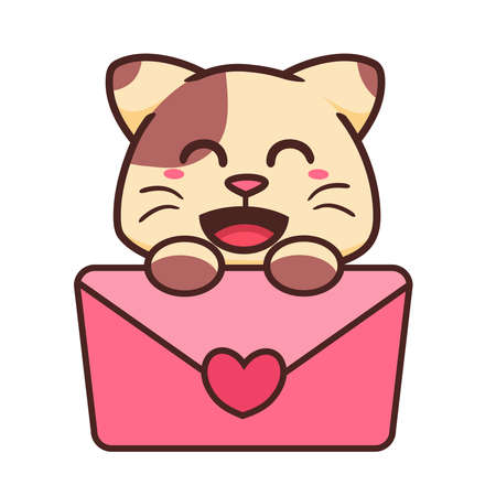 Cute Adorable Happy Brown Cat Take Love Mail Message Flat Design Isolatedのイラスト素材