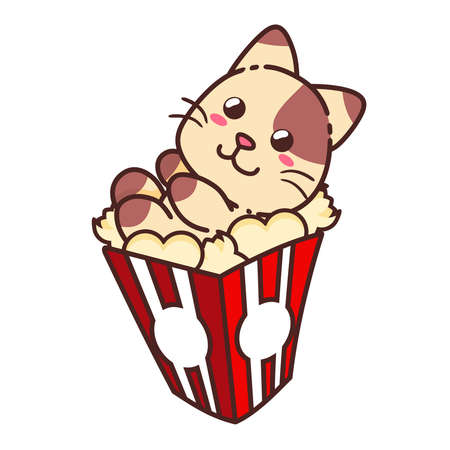 Cute Adorable Happy Brown Cat Popcorn Box Movie Flat Design Isolatedのイラスト素材
