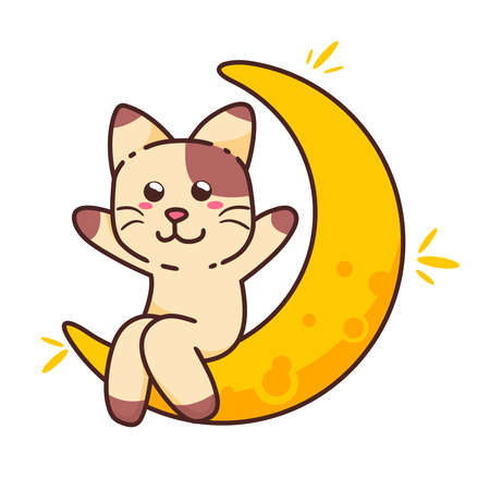 Cute Adorable Happy Brown Cat Sitting on Crescent Half Moon Flat Design Isolatedのイラスト素材